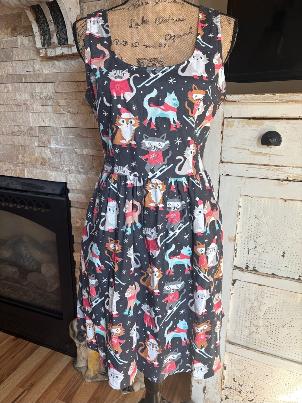 Retrolicious fit & flare party cats cotton dress cats skiing and snowboarding